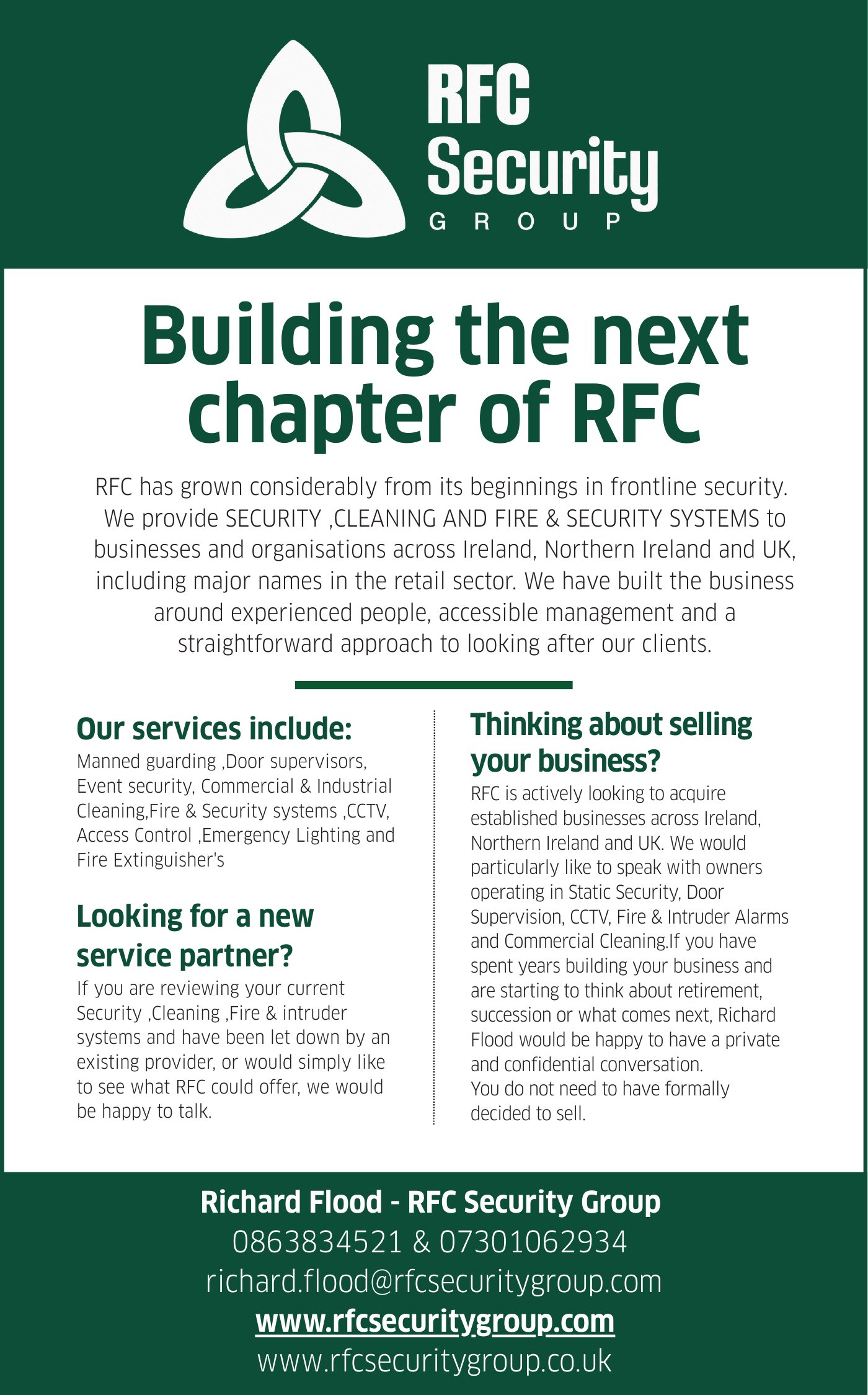 RFC Security Group press advert: Building the next chapter of RFC. Security, cleaning and fire and security systems across Ireland, Northern Ireland and the UK, and an invitation to owners thinking about selling their business to contact Richard Flood.